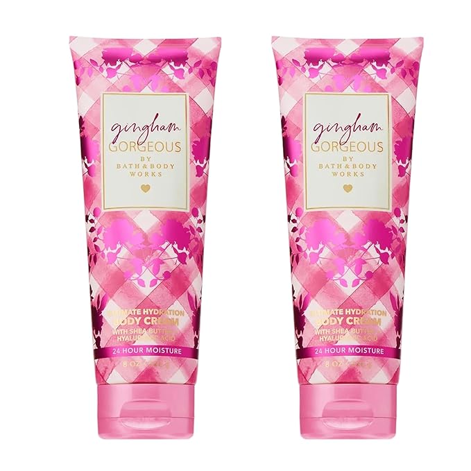 Bath & Body Works Gingham Gorgeous Body Cream, Ultimate Hydration Moisturizer with Shea Butter & Hyaluronic Acid for Dry Skin – Pink Strawberries, Peony Blooms, and Peach Nectar, 8 oz - 2 Pack