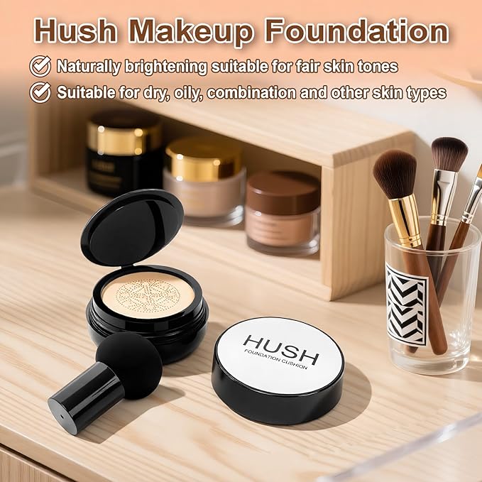 Hush makeup foundation -glow makeup foundation for older women – Korean Warm Tone CC Mushroom Air glow Foundation, Full Coverage Long-Lasting BB Cream cushion foundation, Natural Radiant Finish