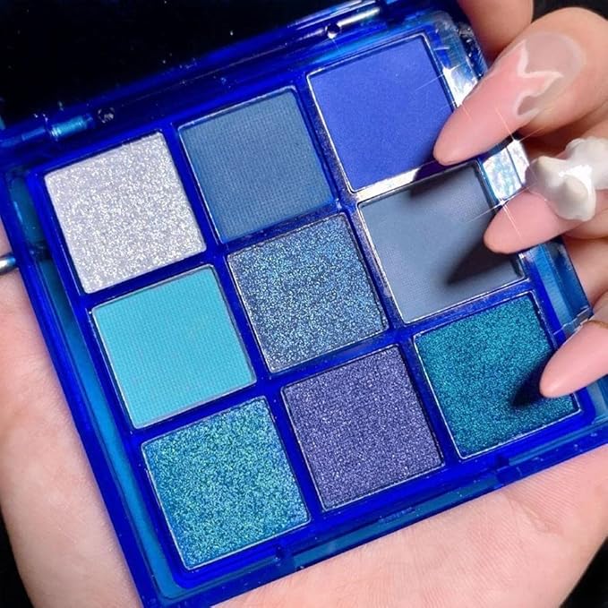 Go Ho 9 Style Blue Grey White Powder Makeup Eyeshadow Palette,Matte & Pearl Shimmer Design Waterproof Cool Blue Eye Eyeshadow Palette for Women&Girls