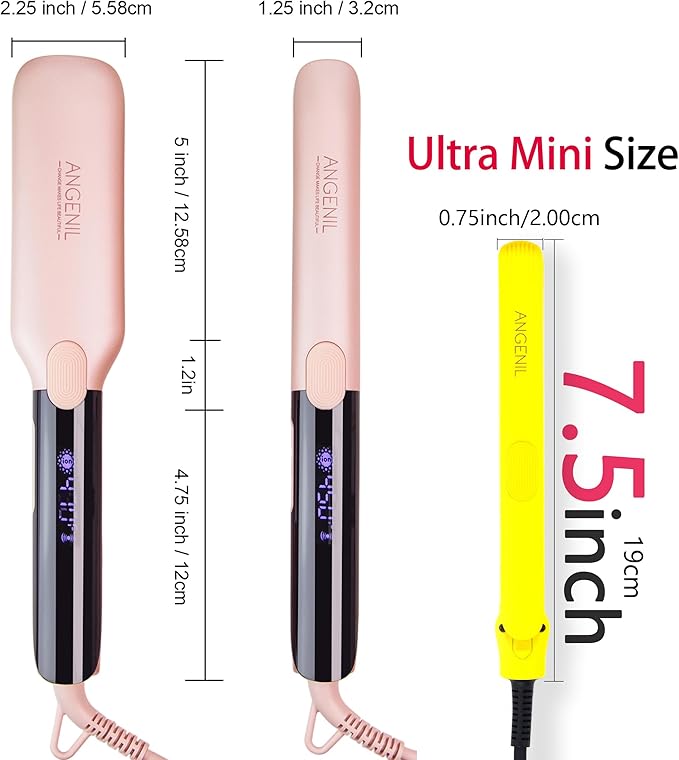 ANGENIL Pro Ceramic Tourmaline Ultra Mini Flat Iron for Short Hair, Portable Small Flat Iron with Anti-Scald Silicone, 0.7 inch Travel Size Mini Hair Iron, 20S Fast Heating, 3 Temp (280℉- 320℉ -380℉)