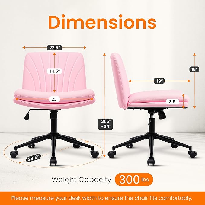 NEO Chair Criss Cross Chair with Wheels Armless Vanity Desk Office Wide Comfy Chair Cross Legged Adjustable Swivel Rolling Computer for Home Office PU Leather (Pink-Leather)