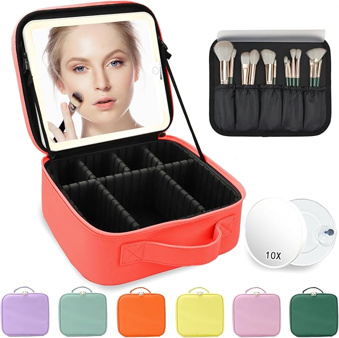 Makeup Bag with Mirror,with Mirror 3 Color Setting and Detachable 10x Magnifying Mirror Large Vanity Makeup Cases,Portable Storage and Adjustable Dividers, for Women and Makeup Artists-Red