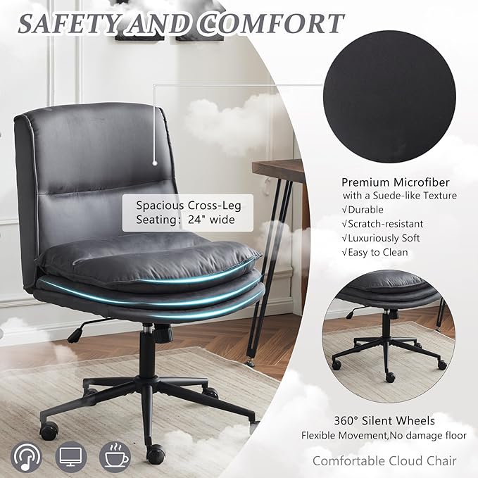 VINGLI Cloud Criss Cross Legged Chair,18" High Back Armless Home Office Desk Chair with Wheels,Wide Adjustable Comfy Padded Seat Task Computer Chair,Modern Swivel Makeup Vanity Chair,Microfiber,Grey