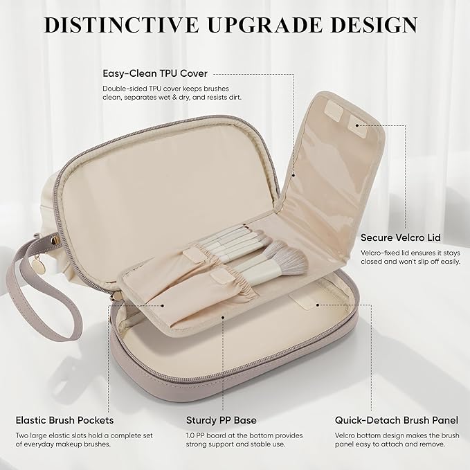 Travel Makeup Bag, Large Capacity Double Layer Cosmetic Bags for Women, Waterproof Portable Make Up Skincare Pouch with Makeup Brush Organizer, Toiletry Bag for Essentials, Beige & Sand