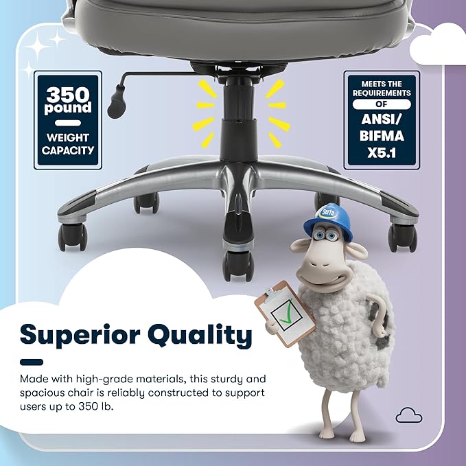 Serta Fairbanks Big and Tall Executive Office Chair - Ergonomic High Back Computer Desk Chair with Lumbar Support, Memory Foam Seat Cushion, Padded Armrests, Bonded Leather, 350 lb Capacity - Gray