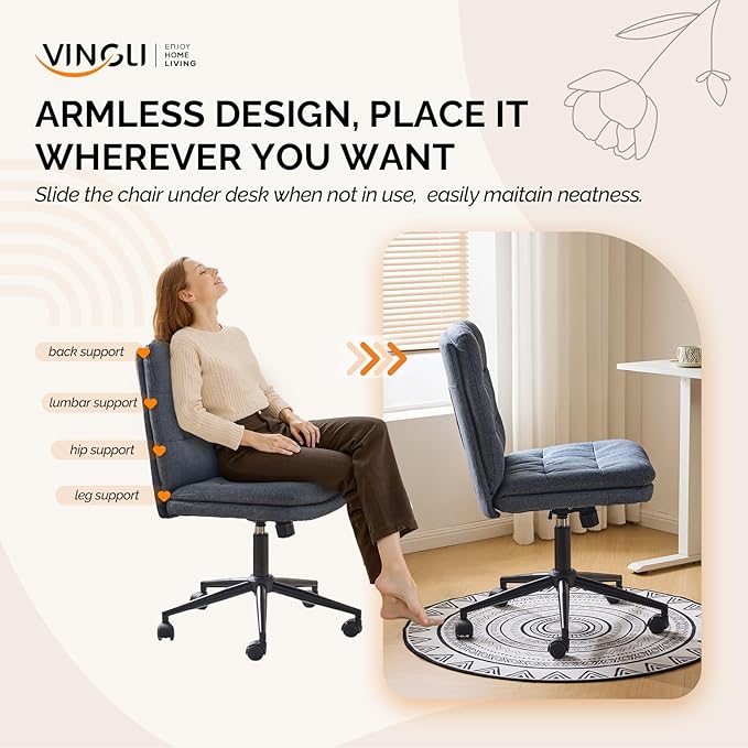 VINGLI Mid Back Armless Office Desk Chair with Wheels/no Wheels,360°Rocking Swivel Vanity Chair with Thickened Cushion,Adjustable Height Rolling for Reading Room, Make up, Linen Navy Blue