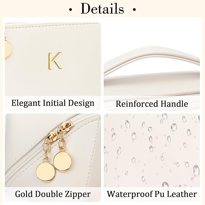 Birthday Gifts for Women Teen Girl, Personalized Initial Makeup Organizer Bag Set, Open Flat Travel Cosmetic Bag With Clear Divider and Handle(Large-Beige,K)