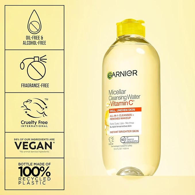 Garnier Micellar Water with Vitamin C, Facial Cleanser & Makeup Remover, Brightening & Hydrating, For All Skin Types, Vegan, Cruelty Free, 13.5 Fl Oz (400mL), 1 Count