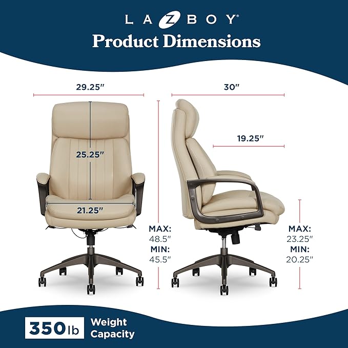 La-Z-Boy Nova Executive Office Chair - Ergonomic High Back Desk Chair with AIR Lumbar Support - Comfortable Computer Chair for Home Office - Vegan Leather - Cream