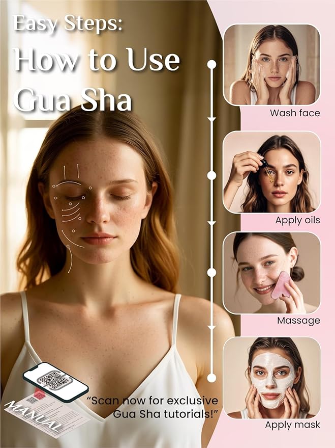 Rena Chris Gua Sha Facial Tools: Rose Quartz Guasha Tool for Face Acupuncture Therapy, Facial Massager for Jawline Sculpting and Puffiness Reducing (Pink)