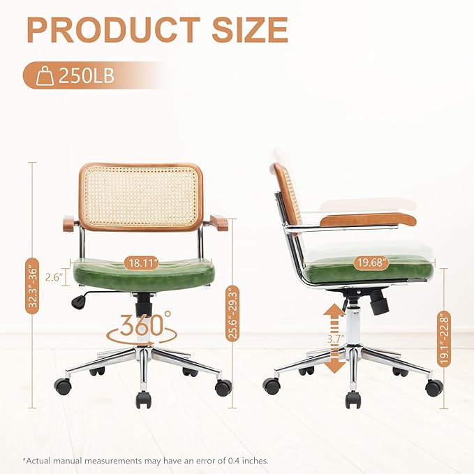 Rattan Office Chairs, Modern Rattan Desk Chair with Natural Back & Wood Armrest, Small Upholstered Tufted Leather Home Office Desk Chairs for Home Office, Bedroom, Study, Green