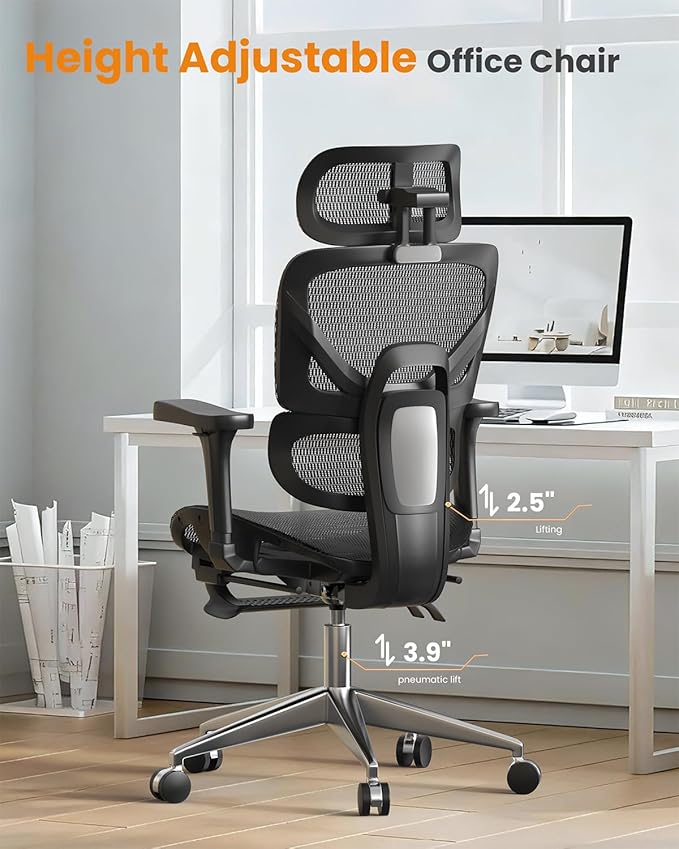 naspaluro Ergonomic Office Chair, High Back Mesh Desk Chair, 350lbs Capacity, Lumbar Support, 3D Armrest Headrest, Footrest, PU Wheels, Swivel Computer Chair for Home Office, Work & Gaming