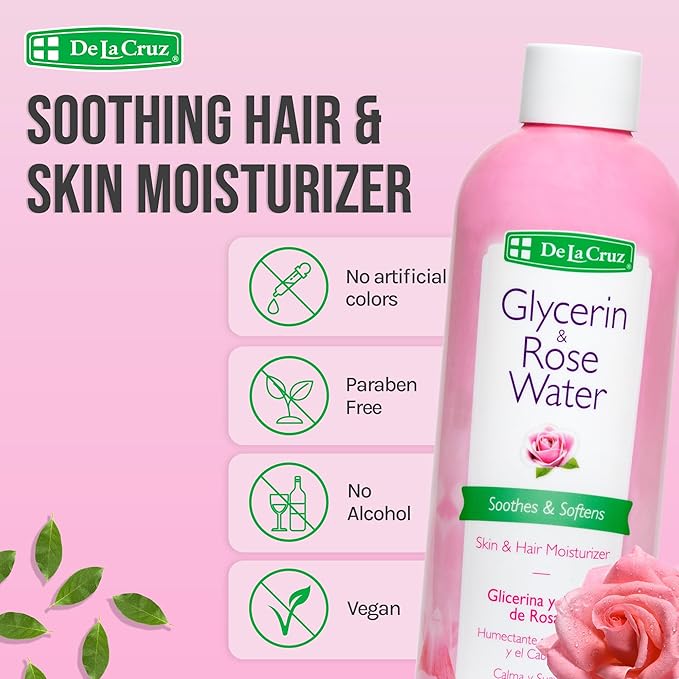De La Cruz Rose Water and Glycerin for Face - Rosewater Facial Toner and Moisturizer for Skin and Hair 8 fl oz (236 mL) - 6 Bottles