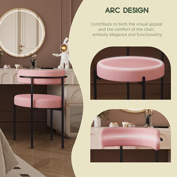 Desk Chair No Wheels Vanity Chair Comfy Accent Chairs for Living Dining Room Bedroom Home Office Mid Century Modern Upholstered Armless with Metal Legs (Black Frame+Pink, 1)