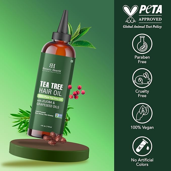 Botanic Hearth 100% Pure Tea Tree Oil For Hair Growth & Hair Treatment Oils 4 Fl oz | Infused with coconut Oil | Hair Oil Repairs Dry Damaged Hair, Strengthening, Healthier | All Hair Types
