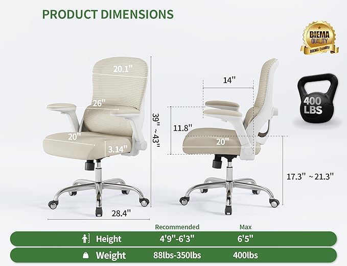 Ergonomic Office Chair - Home Office Desk Chairs Comfy, Computer Chair Ergonomic, Office Chairs with Lumbar Support, Executive Task Chair for Adults, Comfortable for Long Hours (White Beige)