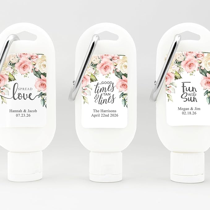 Personalized Sunscreen with Carabiner SPF 30, Custom Sunscreen for Wedding Favors, Party Favors, Garden Wedding, Pink Rose Favor, Bridal Shower Favors, Bachelorette Gift (Set of 12)