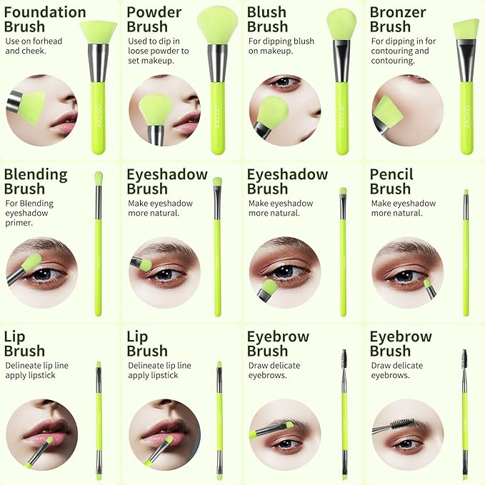 Docolor Makeup Brushes 10Pcs Makeup Brush Set Premium Synthetic Powder Kabuki Foundation Contour Blush Concealer Eye Shadow Blending Liner Make Up Brush Kit - Neon Green