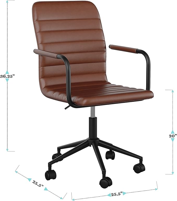 Martha Stewart Taytum Swivel Task Chair with Armrests for Home Office in Saddle Brown Faux Leather with Oil Rubbed Bronze Frame