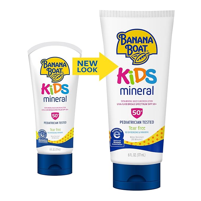 Banana Boat 100% Mineral Kids Sunscreen Lotion SPF 50, Twin Pack | Banana Boat Mineral Sunscreen for Kids, Childrens Sunblock SPF 50, Oxybenzone Free, 6Fl Oz each (Pack of 2)