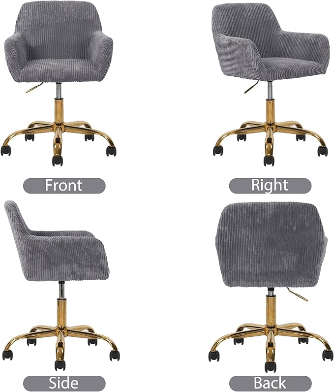 KCC Corduroy Fabric Vanity Makeup Desk Chair, Fluffy Swivel Modern Armchair with Wheels, Upholstered Fuzzy Height Adjustable for Girls Home Office, Gray