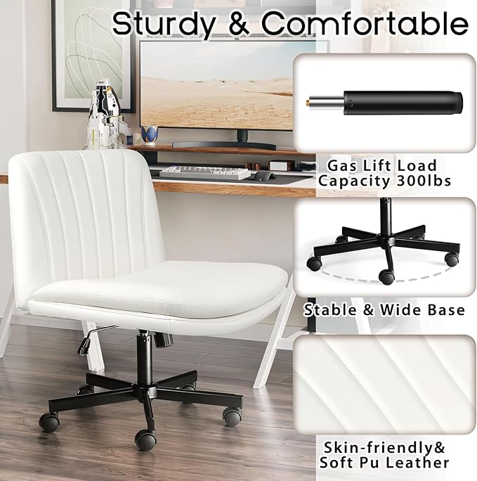 PUKAMI Criss Cross Chair,Comfy Cross Legged Office Desk Chair No Wheels,Modern Fabric Swivel Adjustable Height Mid Back Wide Seat for Home Office Computer (Pu White with Wheels)