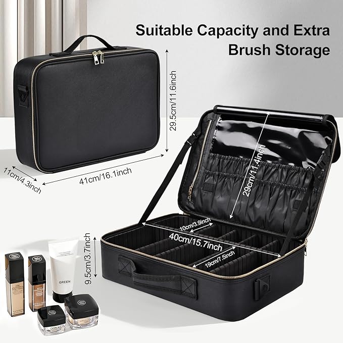 Large Travel Makeup Case, Professional Makeup Train Case Organizer, Portable Cosmetic Brush Bag Holder Waterproof Makeup Artist Storage Box with Adjustable Dividers and Shoulder Strap, Leather Black