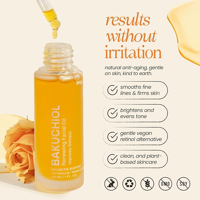 Mudita Earth Bakuchiol Face Oil – Retinol Alternative for Women | Chia Seed & Prickly Pear Serum for Gua Sha & Lymphatic Drainage | Plant-Based Oil for Scar Heal, Healthy-Aging for Oily Skin - 1 fl oz