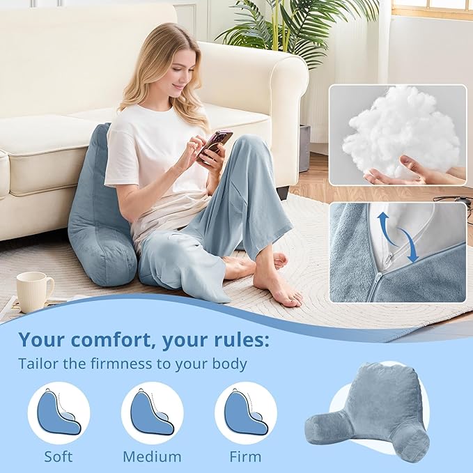 Sasttie Reading Pillow for Sitting in Bed Adult, Back Pillow for Bed Sitting Up, Backrest Back Support Chair Pillow, College Dorm Essentials for Girls and Boys, Greyish Blue Standard