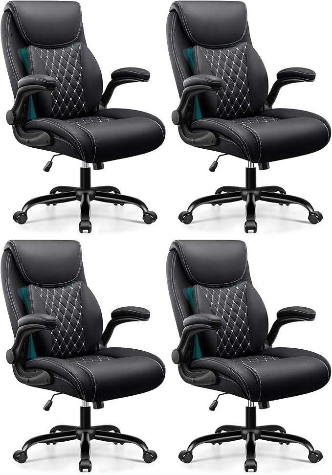 Office Chair,Ergonomic Office Chair with Lumbar Support for Lower Back Pain Relief, Executive Leather Chair with Padded Flip-up Arms, Wheels and Adjustable Armrests, Black Pack of 4