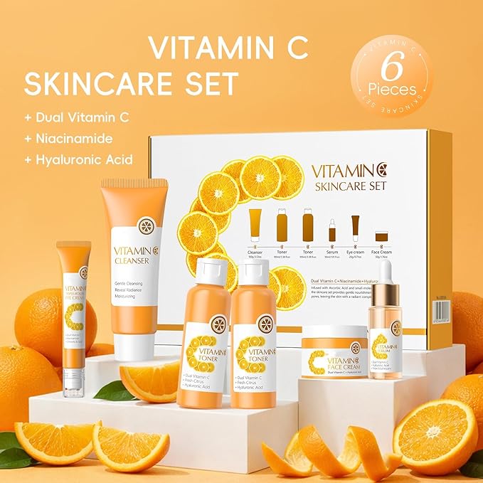6-Piece Hydrating Skincare Set with Vitamin C & Niacinamide, Full Size Daily Face Care Kit for All Skin Types Includes Toner, Serum, Cleanser, Face Cream, Gift Box for Women and Girls