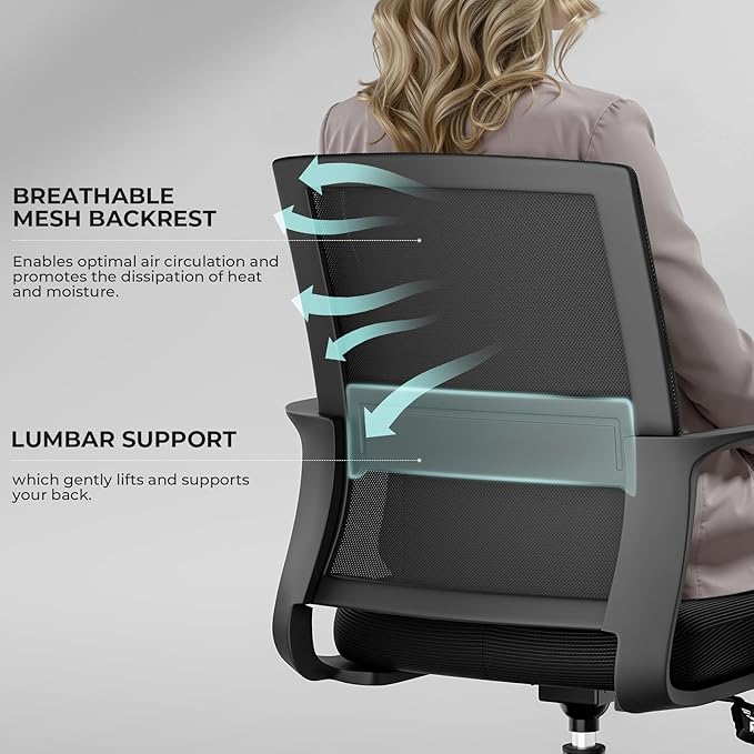 SUKIDA Desk Chair Mesh Office Chair with Upholstery Executive Office Chair with Armrests, Mid-Back Task Chair Height-Adjustable Computer Chair, Black