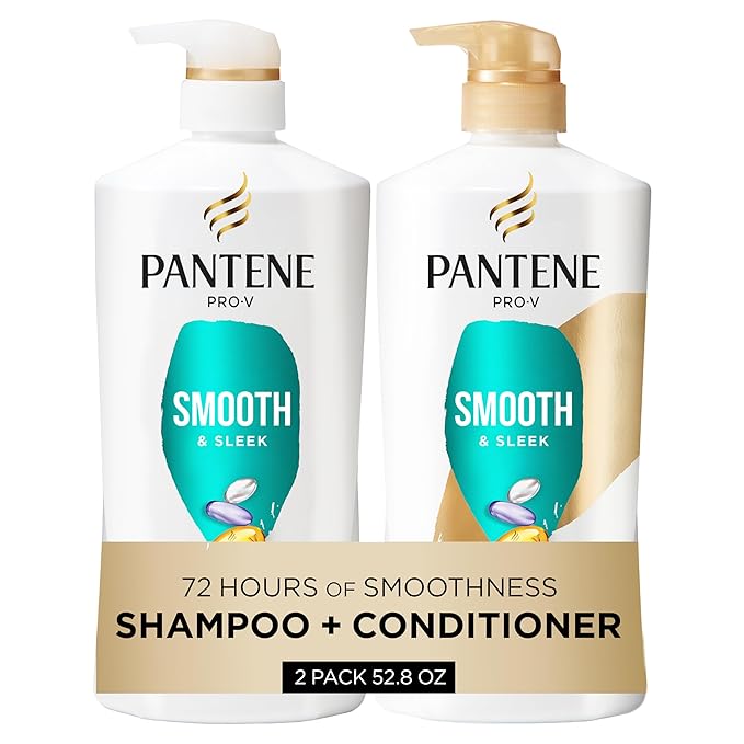 Pantene Shampoo & Conditioner Set, Smooth and Sleek - Frizz Control with Antioxidants, Nourishing for All Hair Types - Curly, Dry, Color-Treated, 52.8 Oz Total + Miracle Rescue Shot (0.5 Oz)