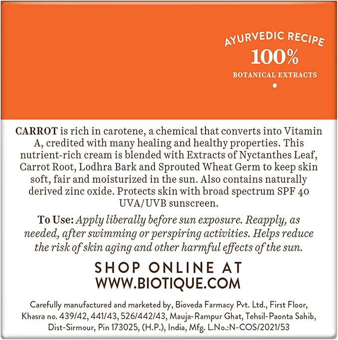 Bio Carrot Face and Body Sun Cream SPF 40 UVA/UVB Sunscreen by Biotique