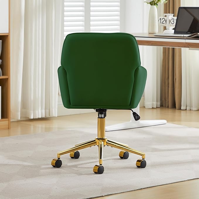 YITAI Velvet Office Desk Chair with Wheels and Gold Base,Modern Height Adjustable 360 Degree Swivel Upholstered Vanity Chairs with Arms for Living Room Bedroom, Study,Green