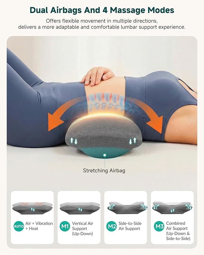 3-in-1 Rechargeable Electric Lumbar Support Pillow, Triple Support Air Lift Back Massager with Heat & Vibration, Adjustable Height Wide Waist Cushion for Bed & Chair, Smooth Spine Comfort Design