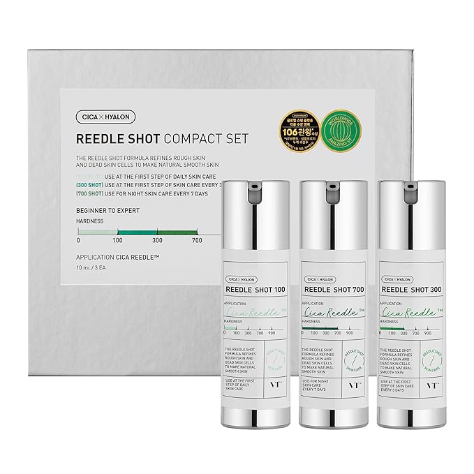 VT COSMETICS Reedle Shot Compact Set, Microneedling Serum Gift Set with Reedle Shot 100, 300, 700, Exfoliating, Anti-Aging, Travel Size Skincare, Gift Set for Glass Skin (0.34 oz / 10ml each)