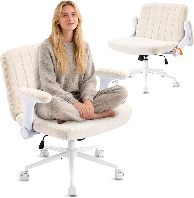 VINGLI Criss Cross Chair with Adjustable Flip-Up Arms,Cross Legged Chair with Wheels, Extra Wide Office Chair,Cozy Desk Chair for Home Office, Vanity, Apartment,Chenille Velvet,Beige