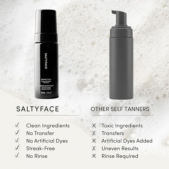 SALTYFACE - Tanning Foam (Medium to Dark) - Self Tanner for Body, Legs, Arms, Back - No Color Transfer - Oil Free, Fragrance Free - Streak-Free, Non-Clogging - Vegan Skin Care - 5 FL OZ (150 ML)