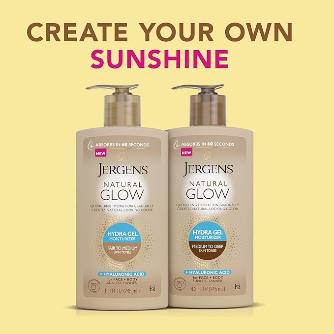 Jergens Natural Glow Hydra Gel Moisturizer, Hyaluronic Acid Tanning Lotion, Hydrating Tanning Gel, Fragrance-Free Self Tanner, Fair to Medium Skin Tones, 8.3 Fl Oz