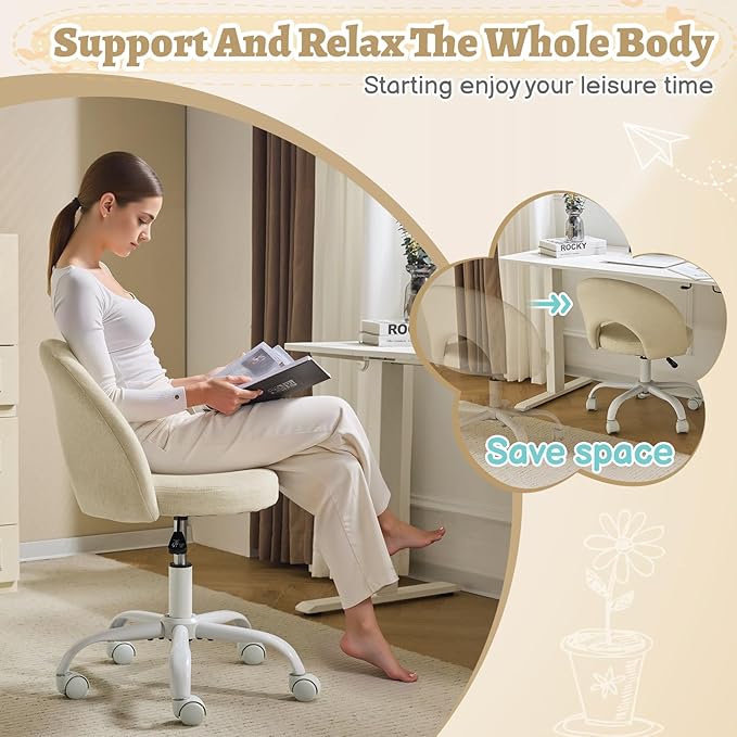 VINGLI Small Vanity Chair with Wheels for Girls.Cute Modern Adjustable Height Armless Office Desk Chair.360°Swivel Comfy Rolling Chair for Study, Make up Room,Small Space,Linen Light Yellow