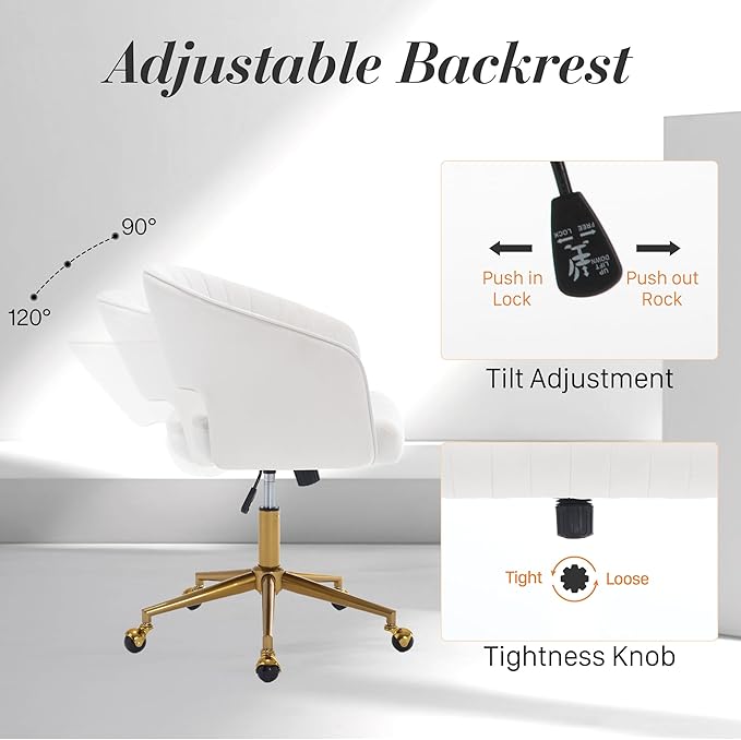 Home Office Swivel Desk Chair, Modern Velvet Vanity Chair, Height Adjustable Armchair with Gold Base, Ergonomic Office Chair for Task Study Computer Room, Beige