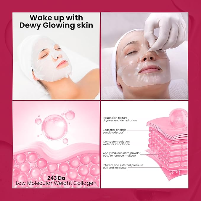 Bio Collagen Face Mask - Real Masks Deep Hydration, Reduce Wrinkles, Night Treatment Pore Minimizing Moisturizing Korean Skincare,34g x4ea