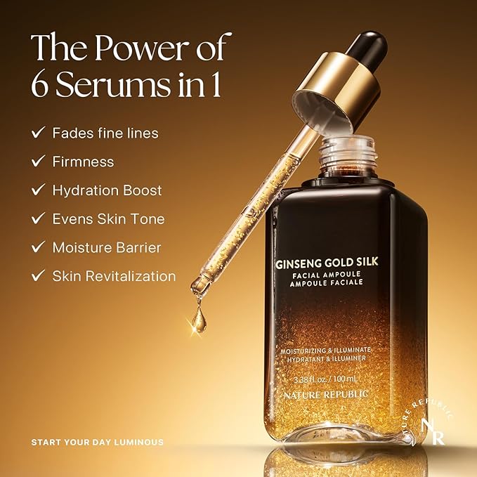 Nature Republic Ginseng Gold Silk Facial Ampoule, Hydrating Glow moisturizer for face, Niacinamide & Silk Amino Acid, Royal Jelly Extract, Korean Skin Care for All Skin Types 100 ml / 3.38 Fl. oz