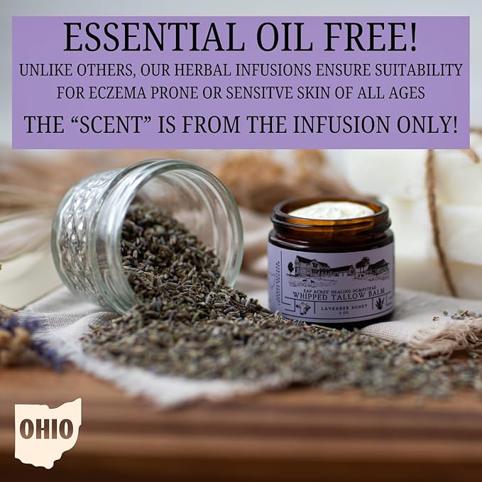 Lavender Infused 100% Grass-Fed Whipped Tallow Balm & Organic Jojoba Oil, Face and Body Moisturizer for Dry, Sensitive Skin, Eczema, (Lavender Infused)