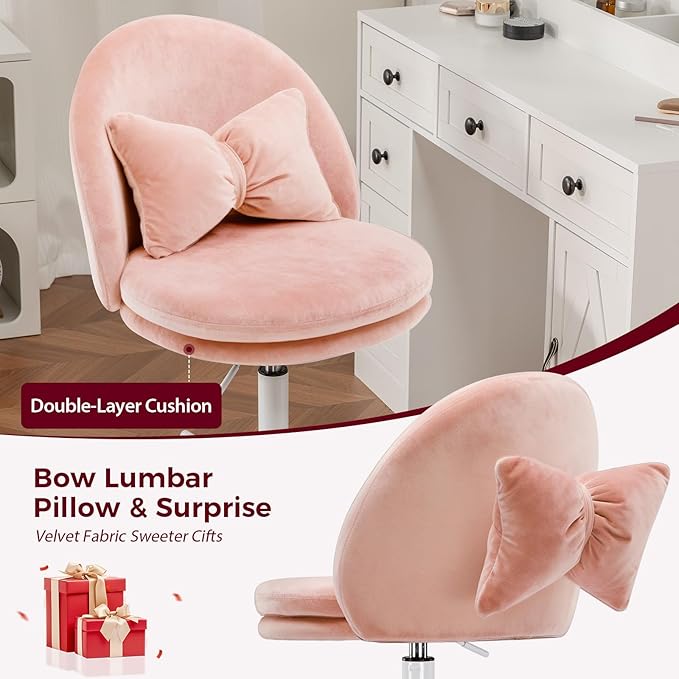 GTPLAYER Velvet Tall Office Chair with Wheels Vanity Chairs with Back, Versatile Height Use: Office to Bar Stools Small Ergonomic Comfy Armlees Computer Desk Chair with Bow Lumbar Pillow for Gift
