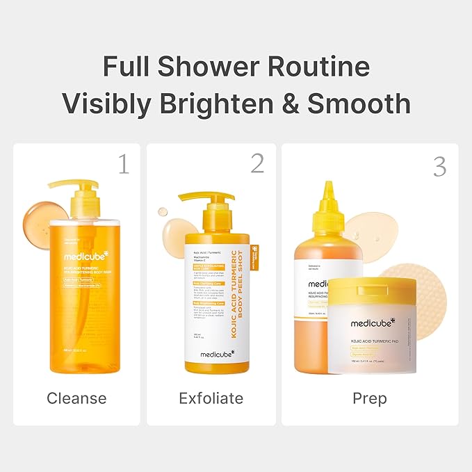 medicube Kojic Acid Body Wash & Prep Duo: Kojic Acid Turmeric Toner Pads and Turmeric Body Wash | Simple Cleanse & Swipe Routine for Glowing-Looking Body Skin
