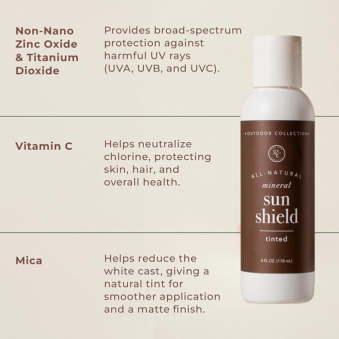 Rowe Casa Organics Sun Shield Natural Sunscreen, Broad Spectrum, Non-Nano Zinc Oxide and Titanium Dioxide, with Vitamin C, Tinted