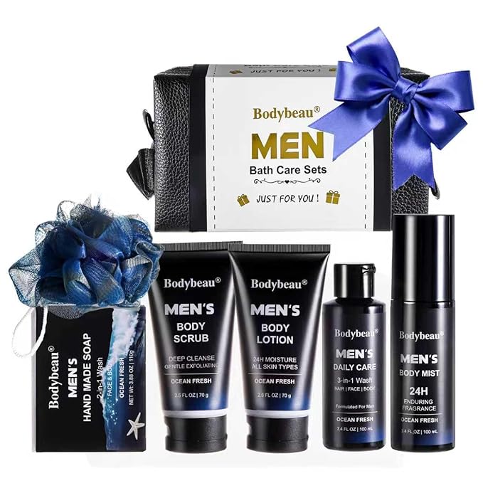 Men's Bath and Body Spa Gift Set - 7-Piece Kit with 3-in-1 Shower Gel, 2-in-1 Handmade Soap and Travel Bag - Father's Day/Birthday Christmas Gifts for Dad, Husband, Boyfriend and Friends