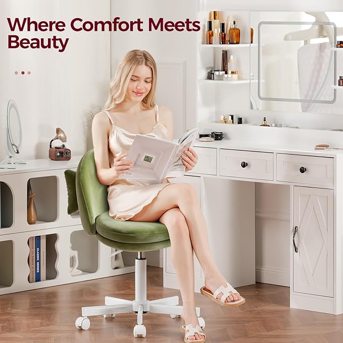 GTPLAYER Velvet Tall Office Chair with Wheels Vanity Chairs with Back, Versatile Height Use: Office to Bar Stools Small Ergonomic Comfy Armlees Computer Desk Chair with Bow Lumbar Pillow for Gift